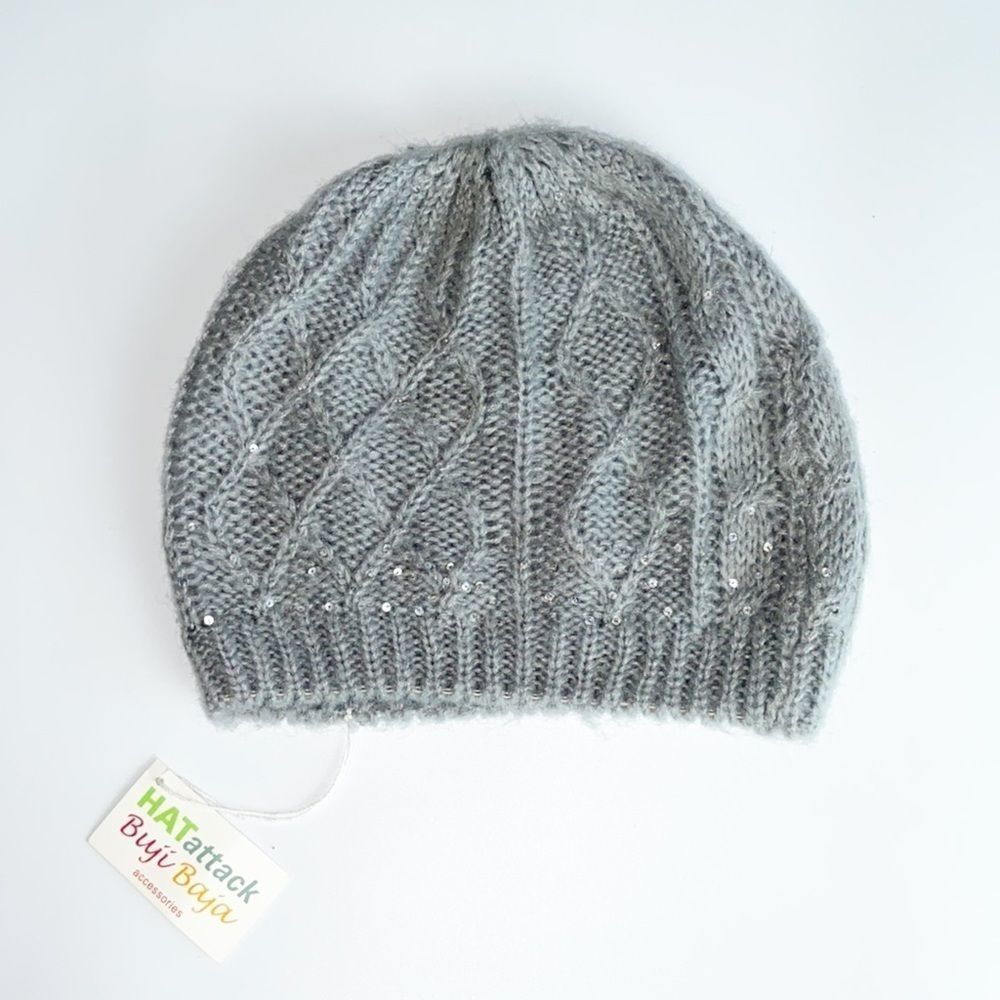 HAT Attack Buji Baja Grey Cable Knit Sequin Beanie NWT